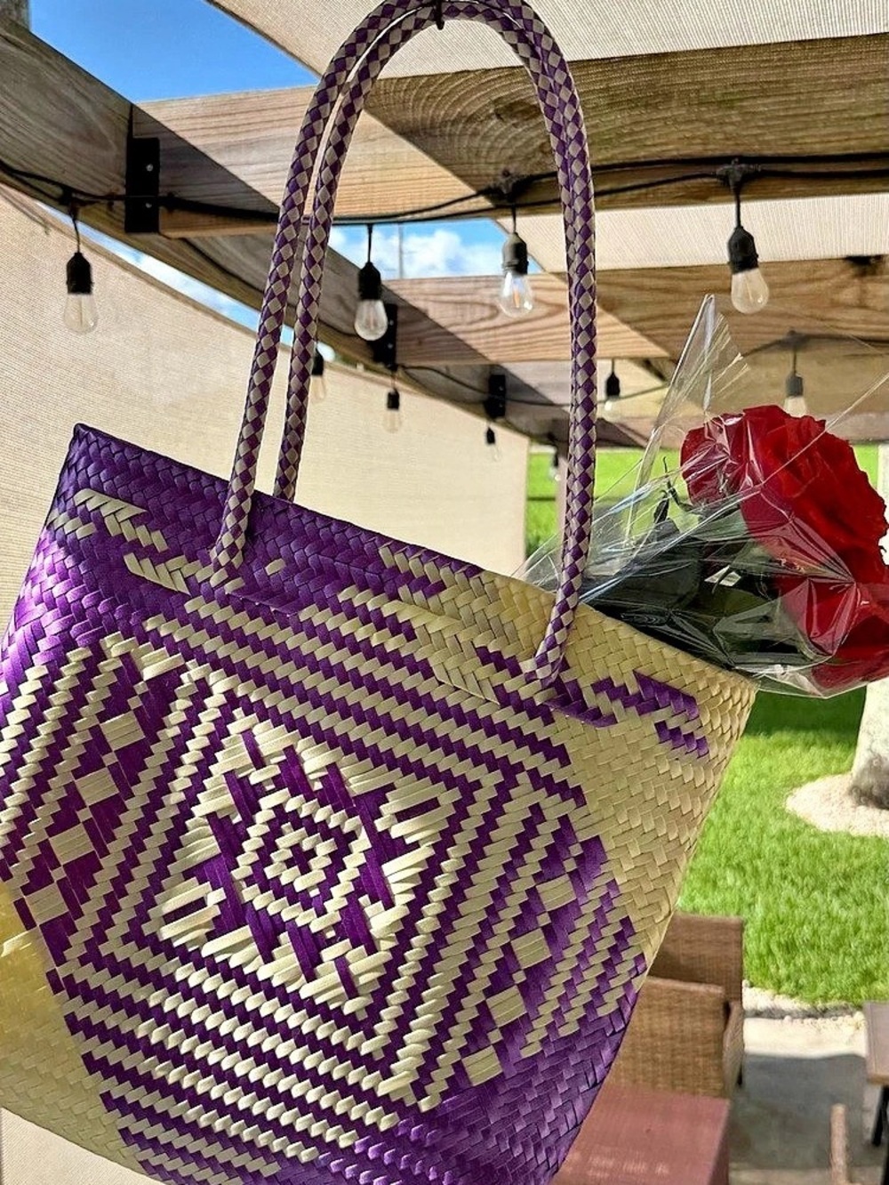 Geometric Woven Tote in Purple & Cream. Handcrafted from Mexico